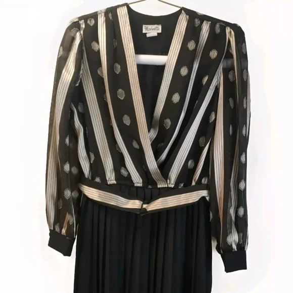 Vtg 70s 80s Retro Midi Dress Woman 12 Holiday Party Pleated Black Y2k  Whimisgoth